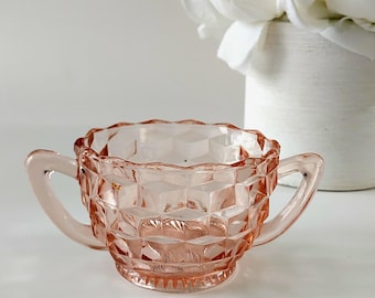 Vintage Jeannette Pink Depression Glass Open Sugar Bowl - 1930s Cubist Cube Pattern