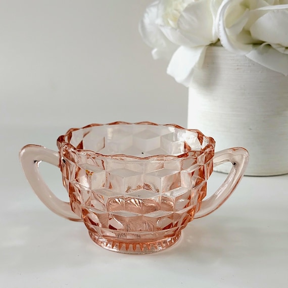 Vintage Jeannette Pink Depression Glass Open Sugar Bowl - 1930s Cubist Cube Pattern