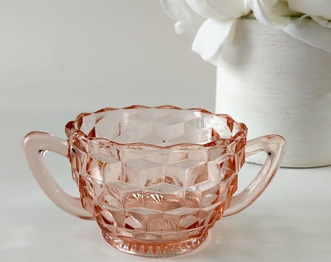 Vintage Jeannette Pink Depression Glass Open Sugar Bowl - 1930s Cubist Cube Pattern