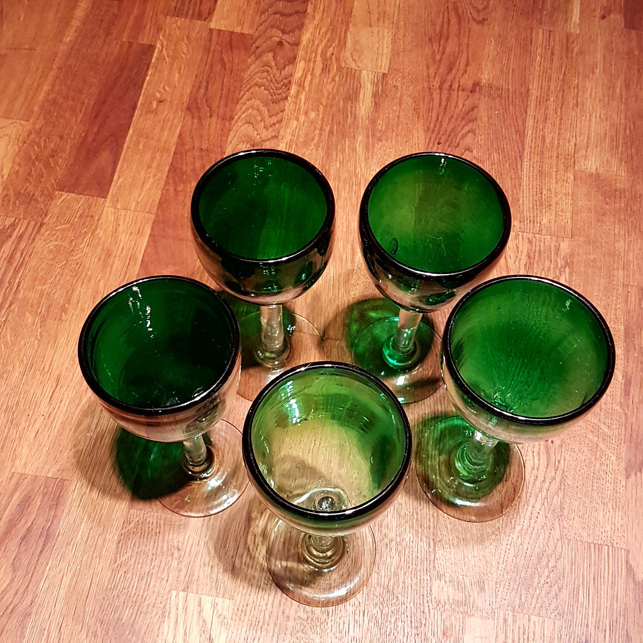 Set of 5 Green Hand Blown Wine Glasses
