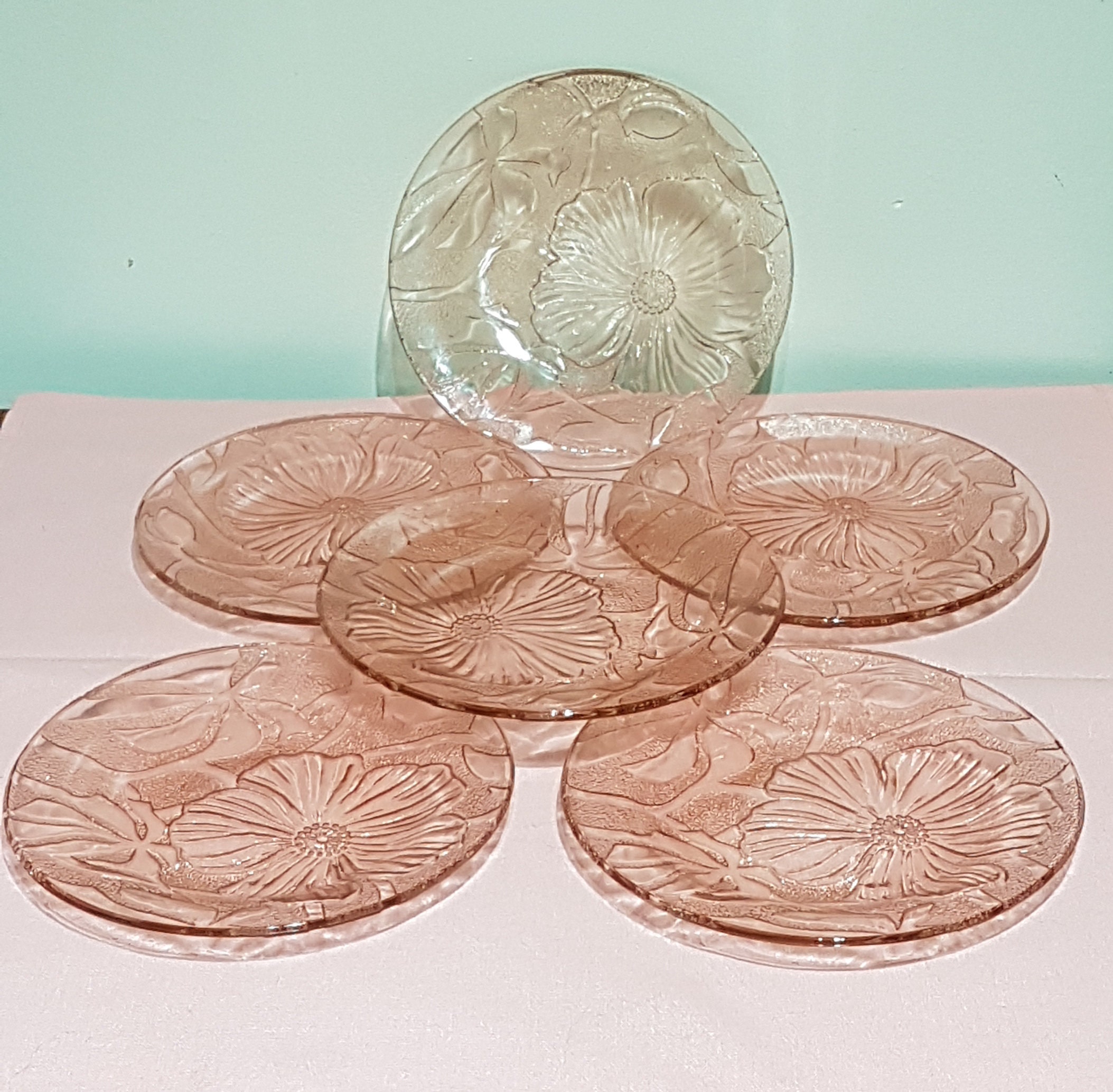 Pink KIG Indonesia Glass Plate Set, Pink Dessert Plates, 1980's