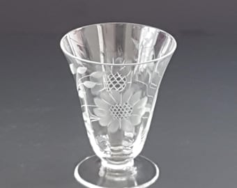 4pc Vintage Hughes Cornflower Crystal Etched Juice Glasses Set - Optic 12 Petal Design