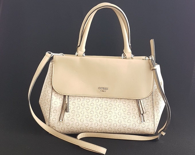 GUESS Rhett Beige Top Handle Monogram Satchel with Shoulder Strap, GUESS 1981 Logo