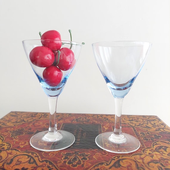 Light Blue Cordial Glasses Set of 2 Vintage Hand Blown Stemware