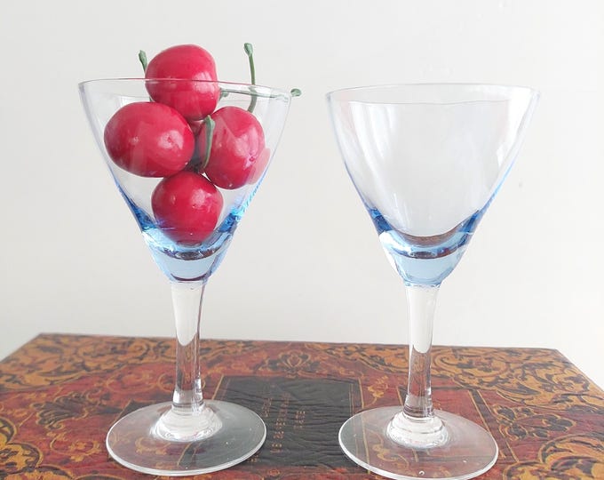 Light Blue Cordial Glasses Set of 2 Vintage Hand Blown Stemware