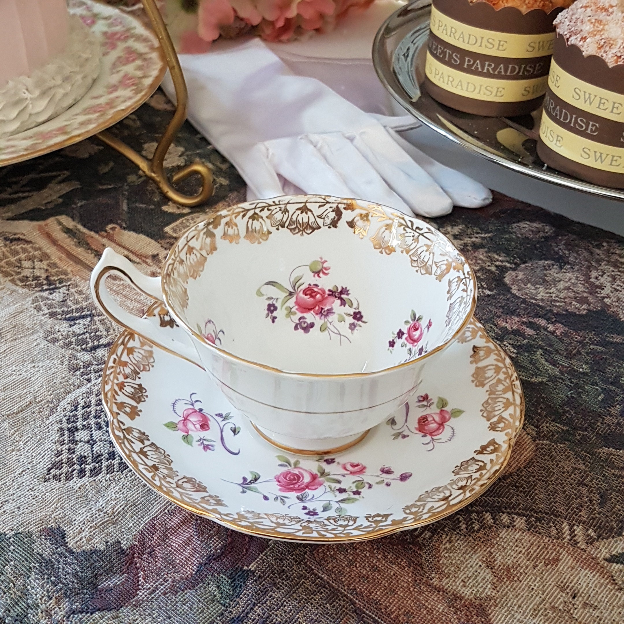 Vintage Imperial English China Trio Tea Cup Saucer Plate Pink Rose 22K gold gild 