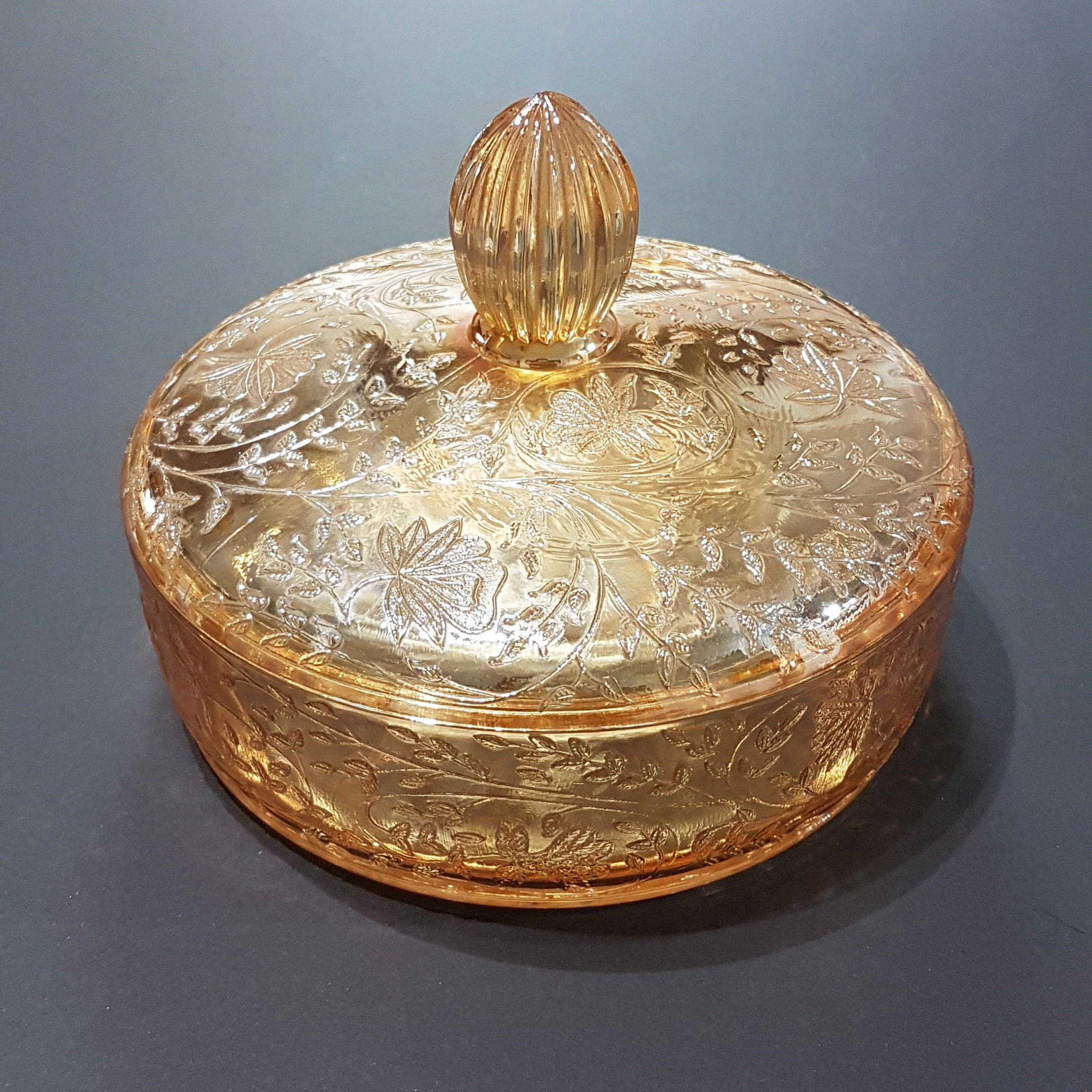 Vintage Glass Louisa Iridescent Floragold Covered Candy Dish