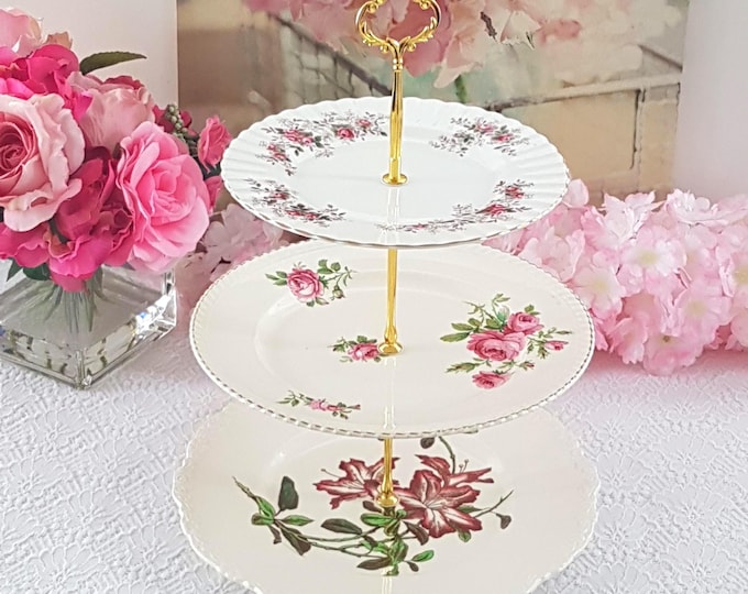 Elegant 3-Tier Cake Stand: Pink Floral Wedding Dessert Serving Tray for Afternoon Tea & Party Decor
