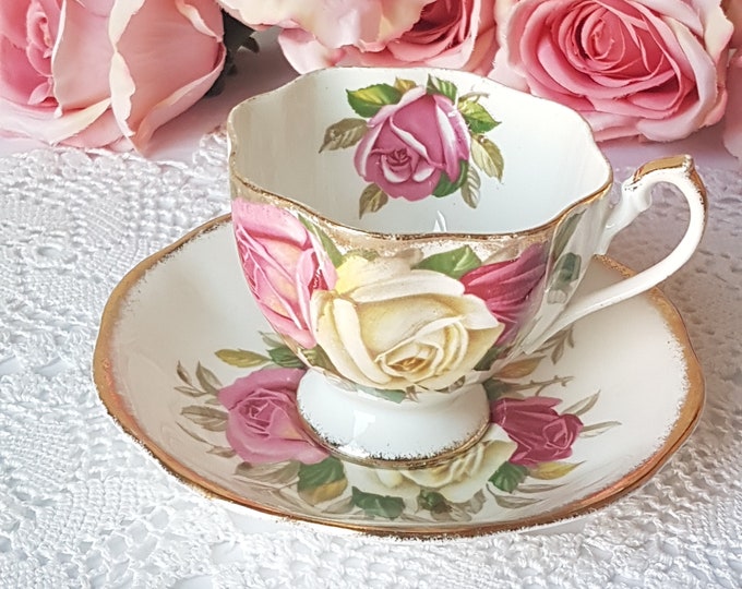 Tea Cup and Saucer, Pink White Cabbage Roses, Vintage Queen Anne LADY SYLVIA, Bone China, Ruffled, Gold Brushing, Made in England, 1940s