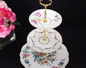 3 Tier Bone China Cake Stand - Vintage Mismatched Floral Bird Plates