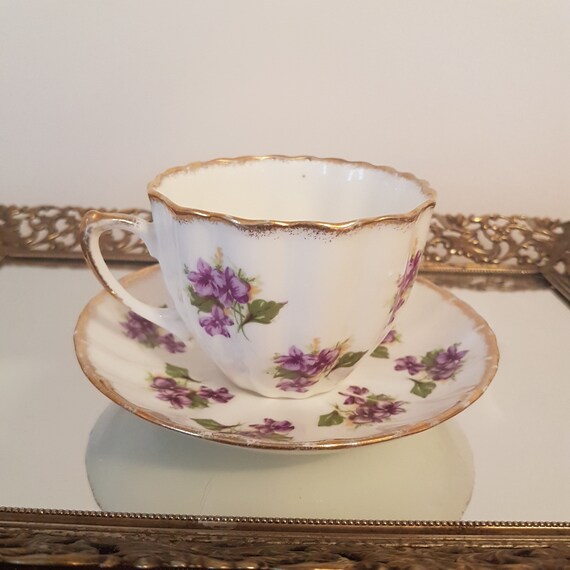 English Bone China PinkYellow Flowers Scalloped Gold Vintage Teacup and Saucer,by Royal Chelsea Gold Trim Made in England