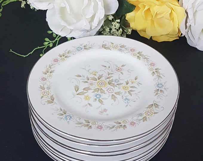 Dessert Plates, CHANTILLY, Dynasty Fine China Japan, 6.25 Inch, Vintage Porcelain Side Plates, Set of 4, Pink Blue Yellow Flowers