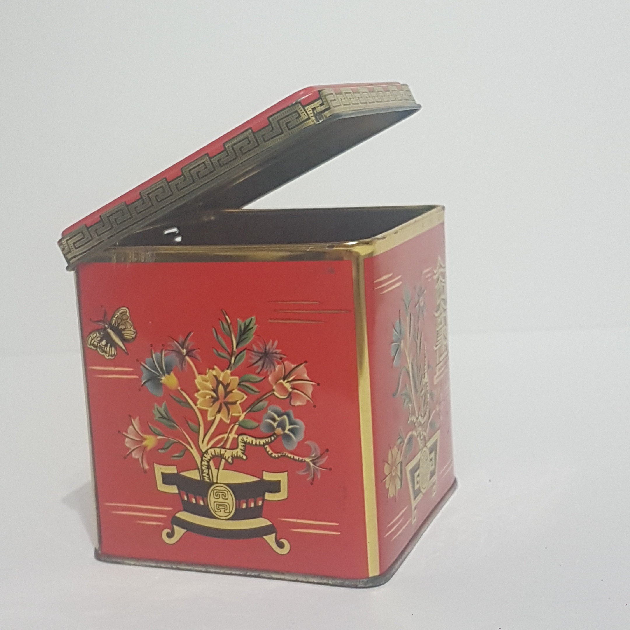 Vintage Red Grace Baret Ware Biscuit Tin Can, Asian Oriental, Red Small