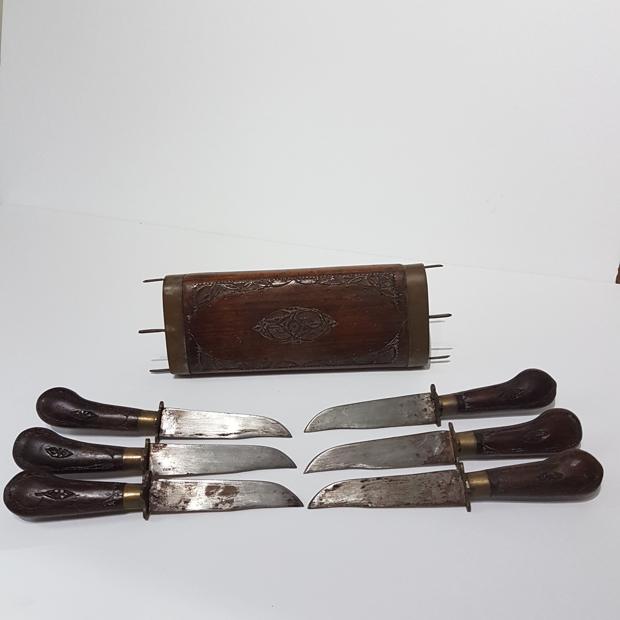 Vintage Ornate 6pc Steak Knife Set, Wooden Hand Carved Handles with