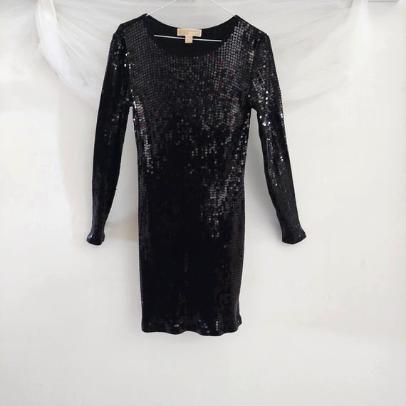 Michael Kors Black Sequin Mini Dress Long Sleeve Cocktail Sheath Small