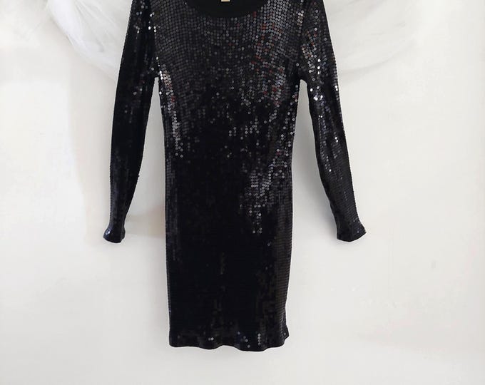 Michael Kors Black Sequin Mini Dress Long Sleeve Cocktail Sheath Small