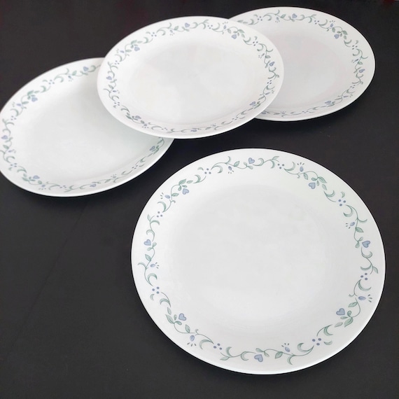 Corelle Vitrelle Country Cottage Blue Hearts Dinner Plates 4pc Vintage Dinnerware Set