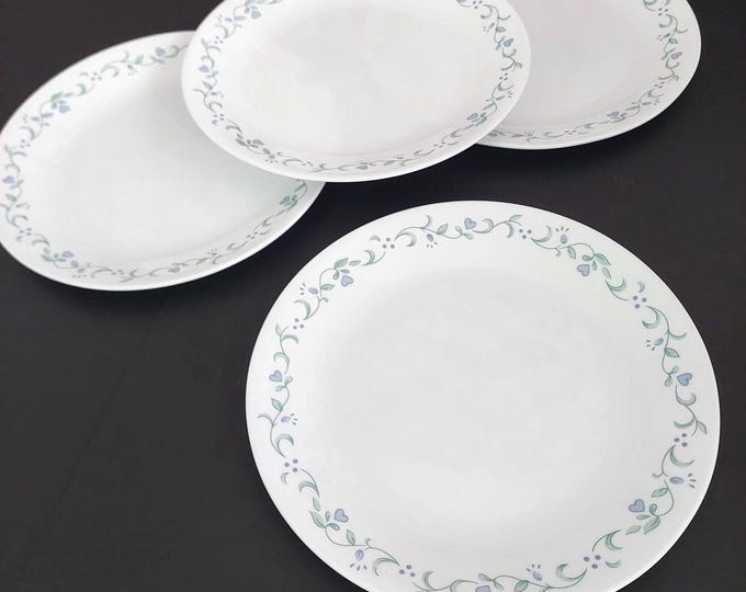 Corelle Vitrelle Country Cottage Blue Hearts Dinner Plates 4pc Vintage Dinnerware Set