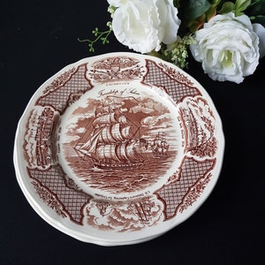 Alfred Meakin Fair Winds Brown, The Friendship of Salem, vintage dinerborden, sets van 2, ijzersteen, bruin transferware van historisch schip