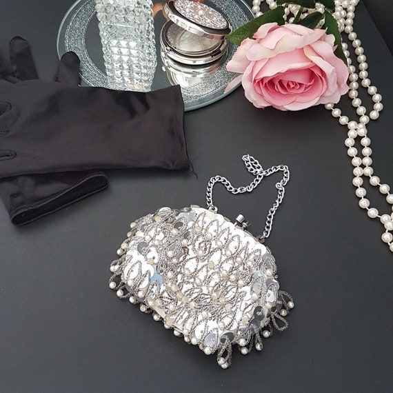 Vintage Ivory Beaded Evening Bag: Silver Sequins, Pearl Clutch, 1960s
