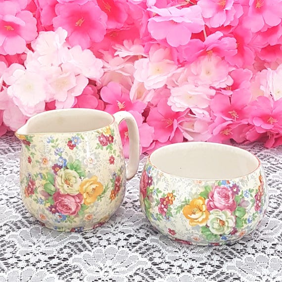 Vintage Lord Nelson Ware Rose time English Floral Chintz Creamer and Open Sugar Bowl