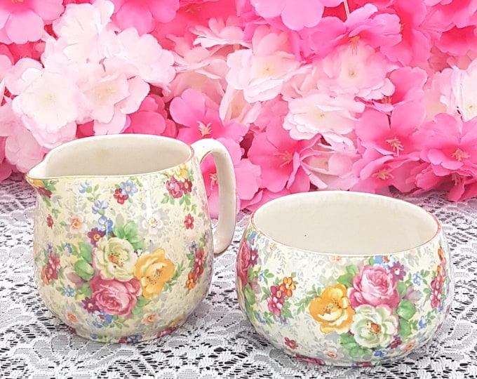 Vintage Lord Nelson Rose Time Chintz Cream & Sugar Set - English Tea Party Accessories