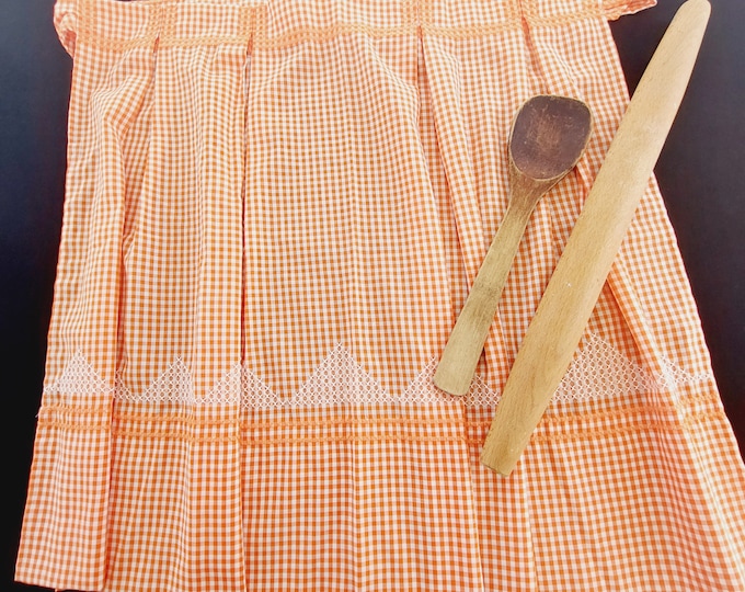 Half Apron Orange Gingham, Vintage Checkered Apron, Hand Embroidery