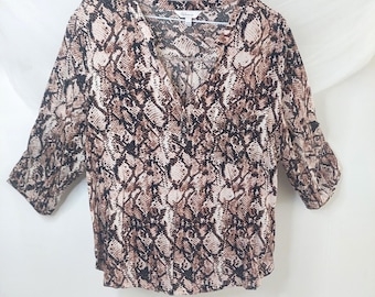 Snakeskin Print V-Neck Blouse Brown Python Pattern Top with 3/4 Roll-Tab Sleeves Animal Print