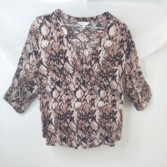 Snakeskin Print V-Neck Blouse Brown Python Pattern Top with 3/4 Roll-Tab Sleeves Animal Print