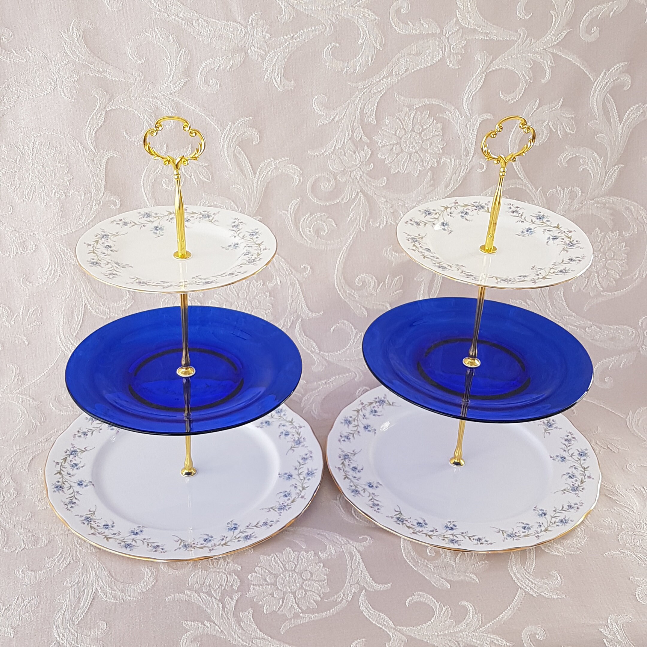 3 Tier Cake Stand, Blue Flower Duchess Bone China TRANQUILITY, Cobalt