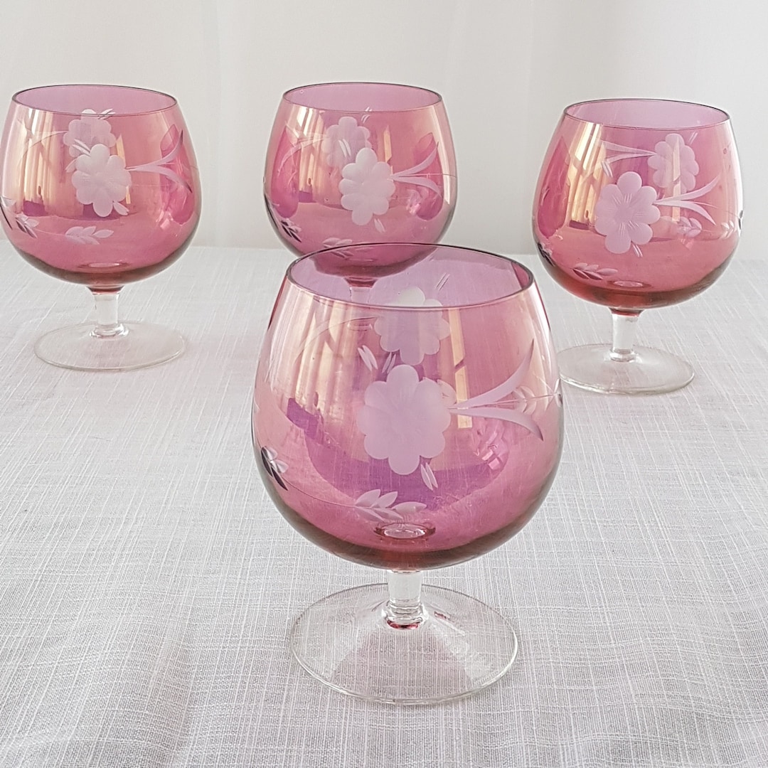 Vintage Brandy Glasses, Set of 4 Brandy Snifters, Pink Cut to Clear Crystal, Etched Flower Leaf