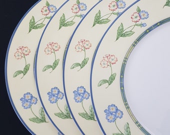 Grafton Living Bone China HIGHLAND BORDER Dinner Plate Set, Yellow Blue Tartan With Flowers, England, 1990s