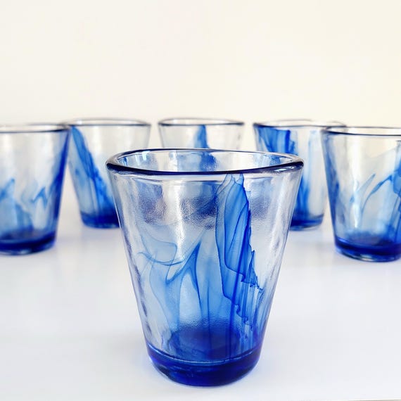 Vintage Bormioli Rocco Murano Cobalt Blue Swirl Tumbler Glasses Set of 6 Italy