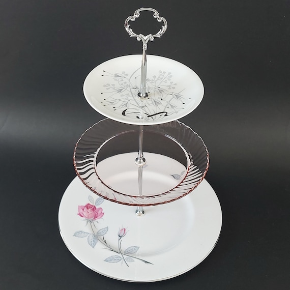 Mismatched Wedgwood 3-Tier Cake Stand, Pink Glass Vintage Afternoon Tea Serving Tray