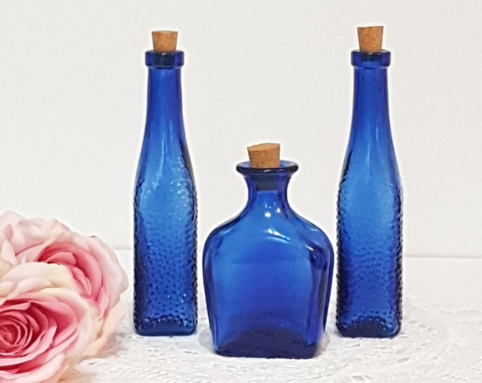 Cobalt Blue Glass Bottles with Cork, Set of 3, Small Glass Decorative Bottles, Bud Vase, Apothecary Bottles