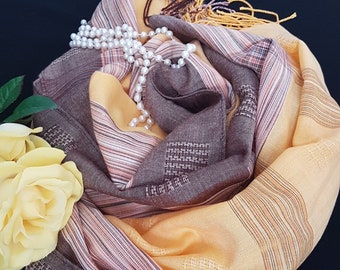 Vintage Yellow Pashmina Wrap: Elegant Striped Evening Shawl with Brown & Orange Accents