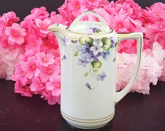 Vintage 1920s Nippon Hand-Painted Teapot, 6-Cup Japanese Porcelain with Purple Flowers