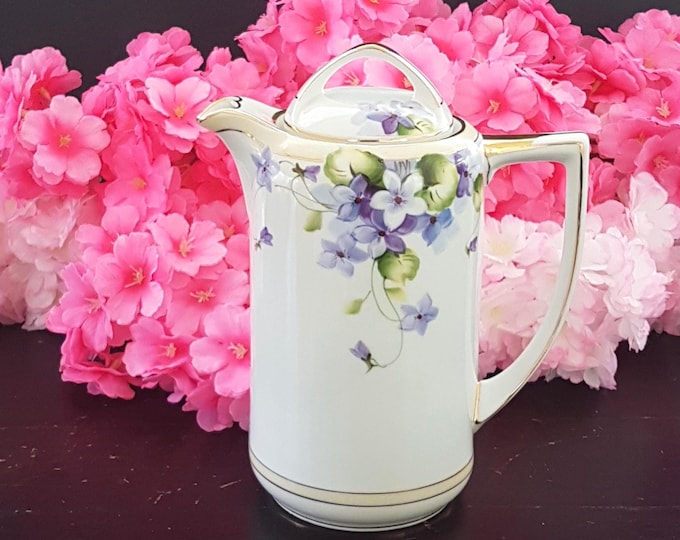 Vintage 1920s Nippon Hand-Painted Teapot, 6-Cup Japanese Porcelain with Purple Flowers