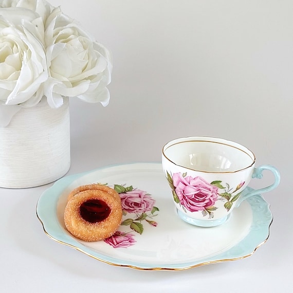 Vintage Aynsley Tennis Set Pink Cabbage Rose Powder Blue English Bone China Snack Set