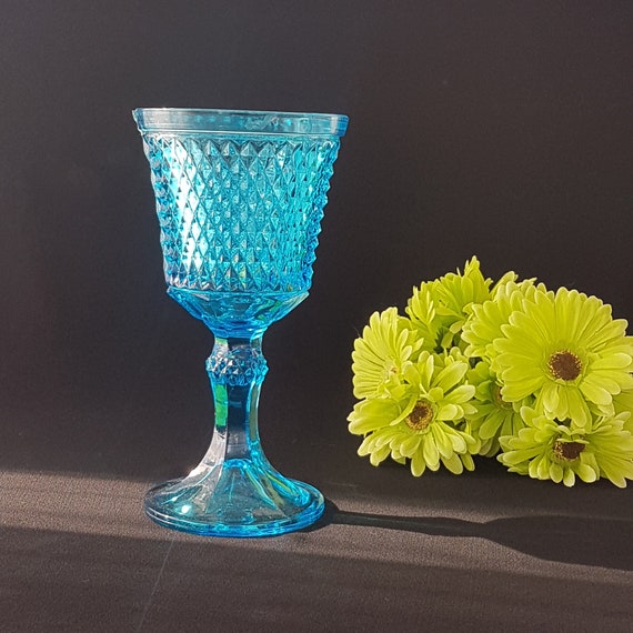 Vintage Indiana Glass Diamond Point Blue Vase - Midcentury Modern Tall Candy Dish & Candle Holder