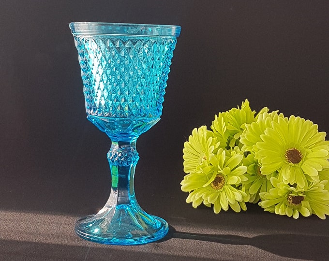 Vintage Indiana Glass Diamond Point Blue Vase - Midcentury Modern Tall Candy Dish & Candle Holder