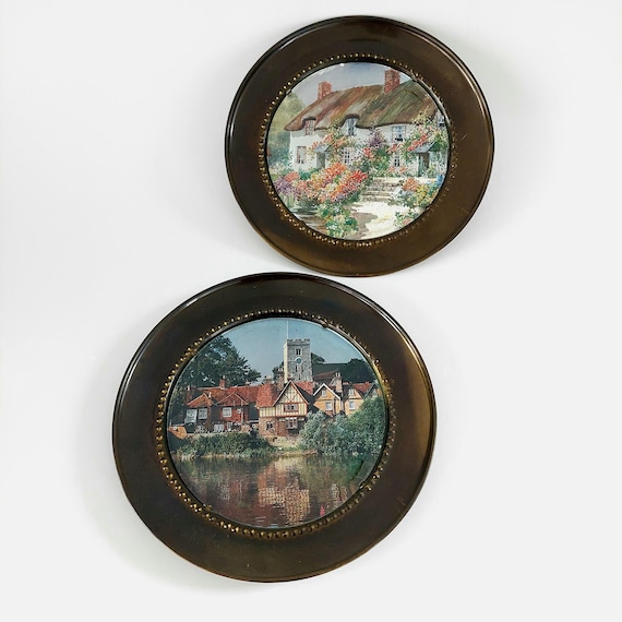 Set of 2 Vintage 7.25 Inch English Brass Foil Wall Art Plaques Cottage Aylesford