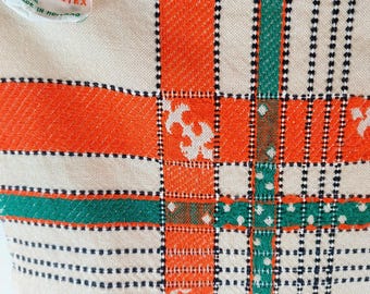 Vintage Weetex Holland Floral Damask Tablecloth, Retro Orange and Green Border, Mid Century Linen