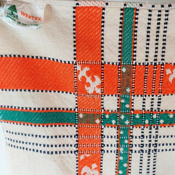 Vintage Weetex Holland Floral Damask Tablecloth, Retro Orange and Green Border, Mid Century Linen