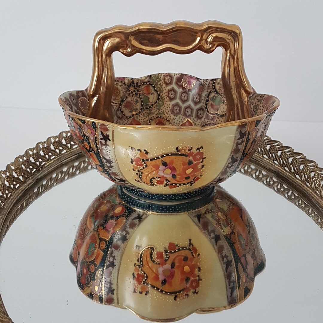 Chinoiserie Hand Painted, Chinese Ceramic Bowl With Thick Handle and