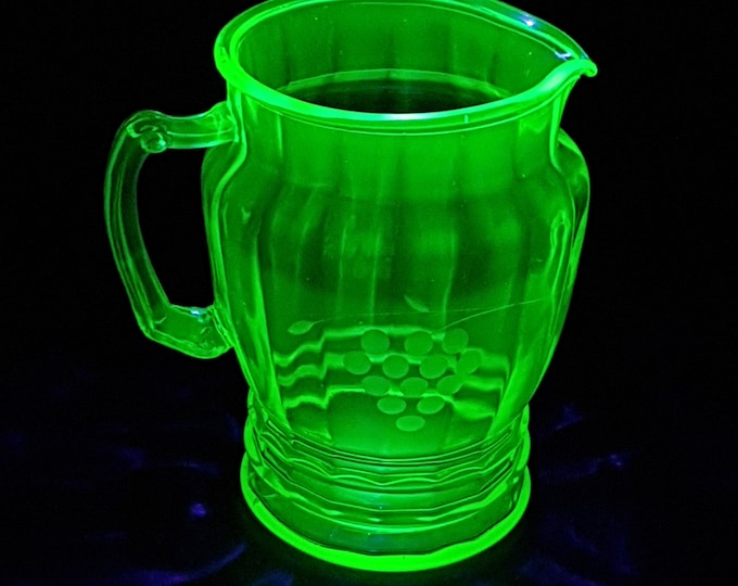 80oz Uranium Green Depression Glass Pitcher by Standard Glass Co, Etched GRAPE GREEN Cut #6, Rib Optic