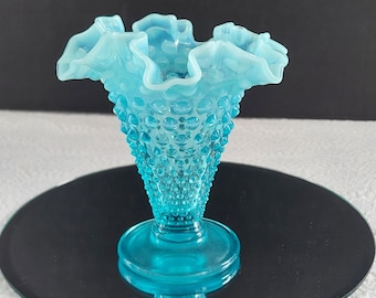 Vintage Fenton Blue Opalescent Hobnail Trumpet Vase 5.5” Ruffled Rim Mid Century Art Glass