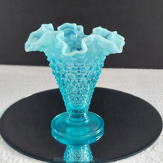 Vintage Fenton Blue Opalescent Hobnail Trumpet Vase 5.5” Ruffled Rim Mid Century Art Glass