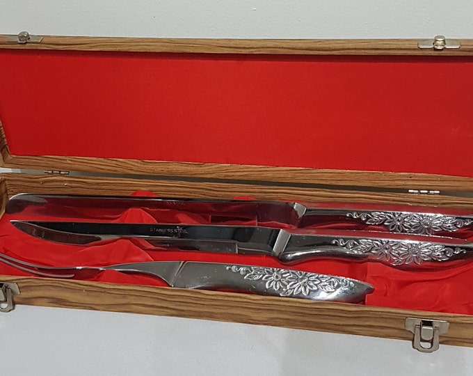 Vintage Japanese Stainless Steel Meat Carving Set, Original Box, MCM Kitchen, 1960's