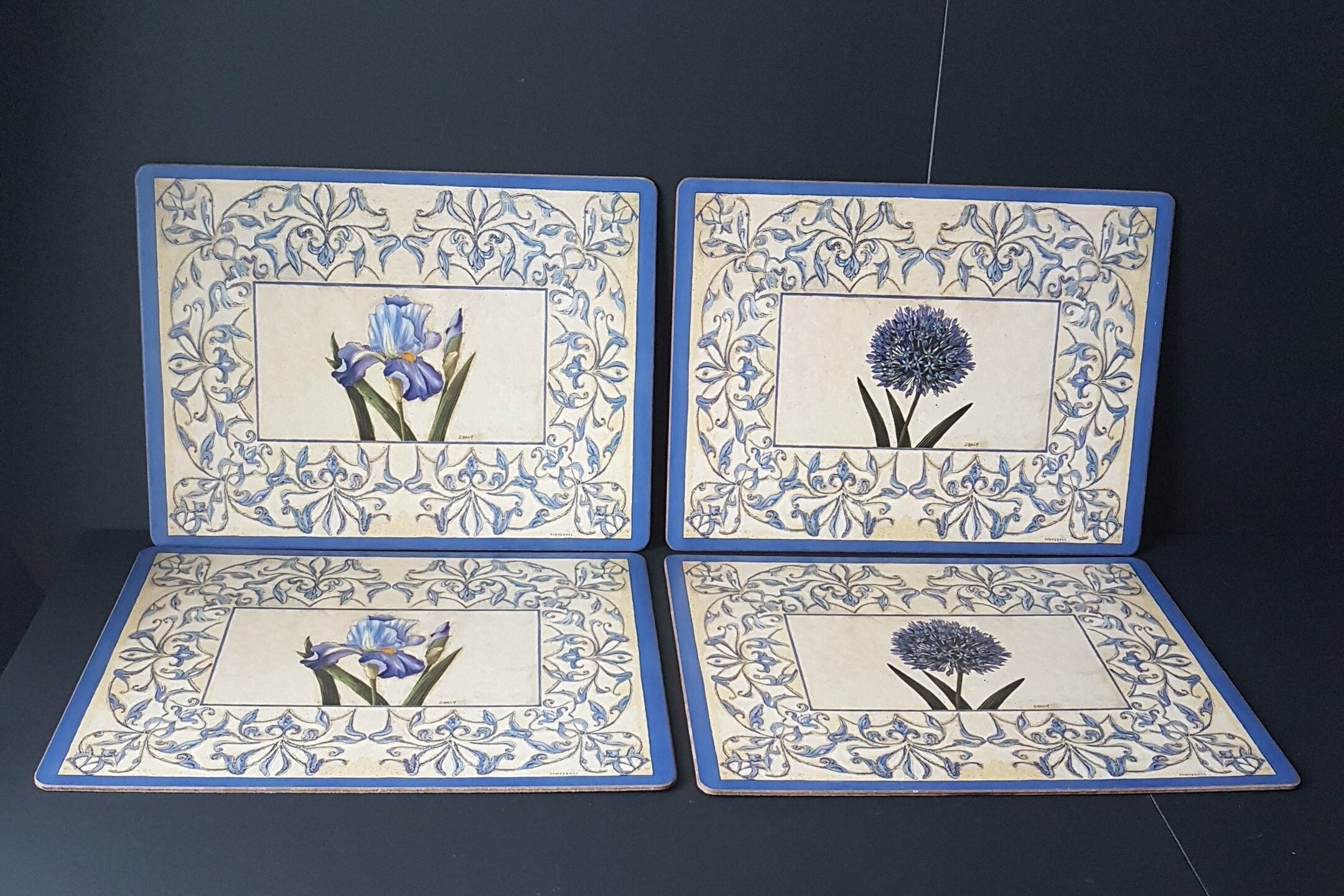 Vintage Pimpernel Corkback Placemats, Set of Four Blue Flower Hardboard